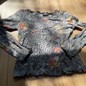 Vintage Anxiety Cafe Y2K Floral Beaded Mesh Long Sleeve Top